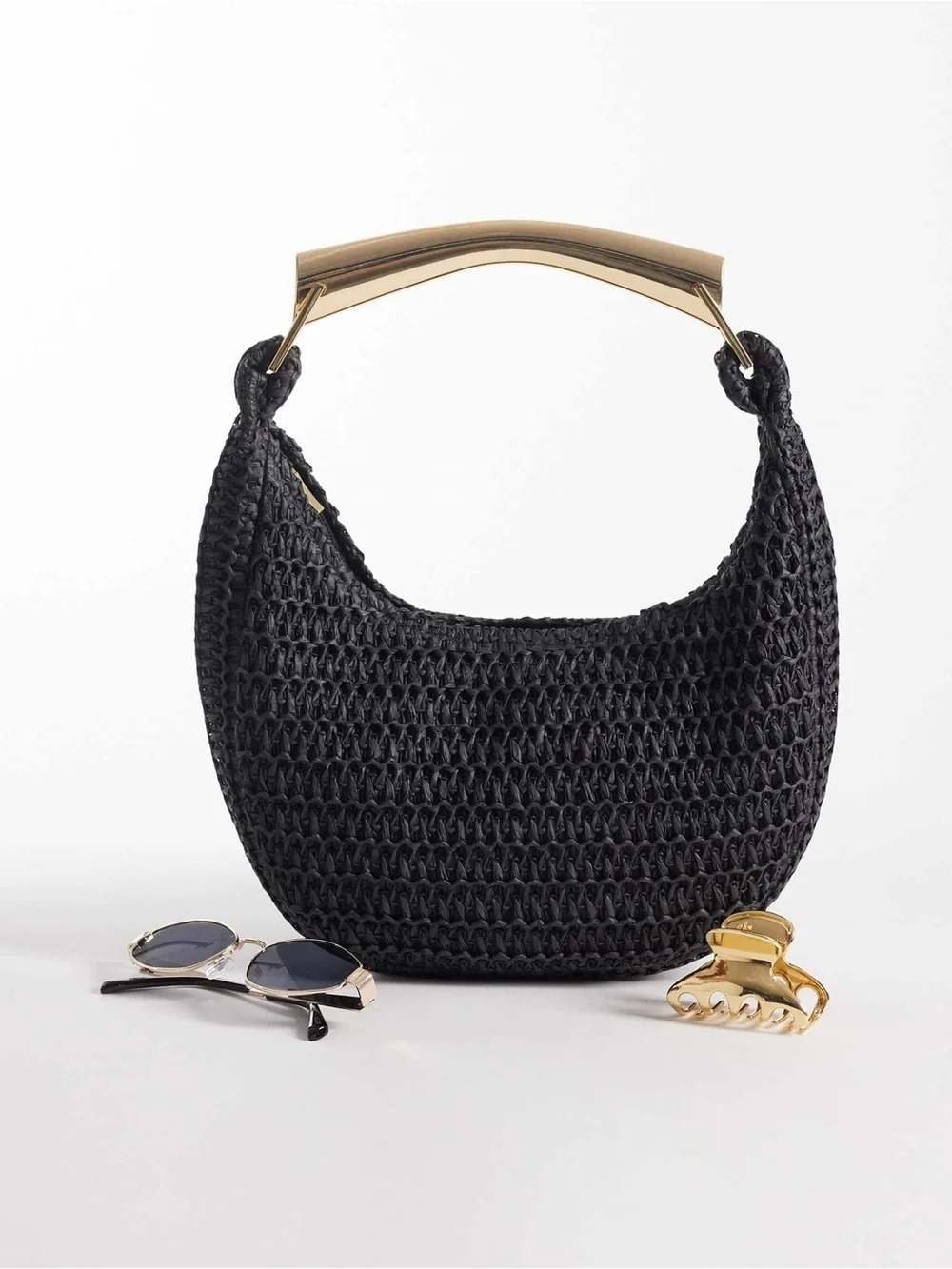Black Woven Raffia Bag with Gold Bar Handle NWOT